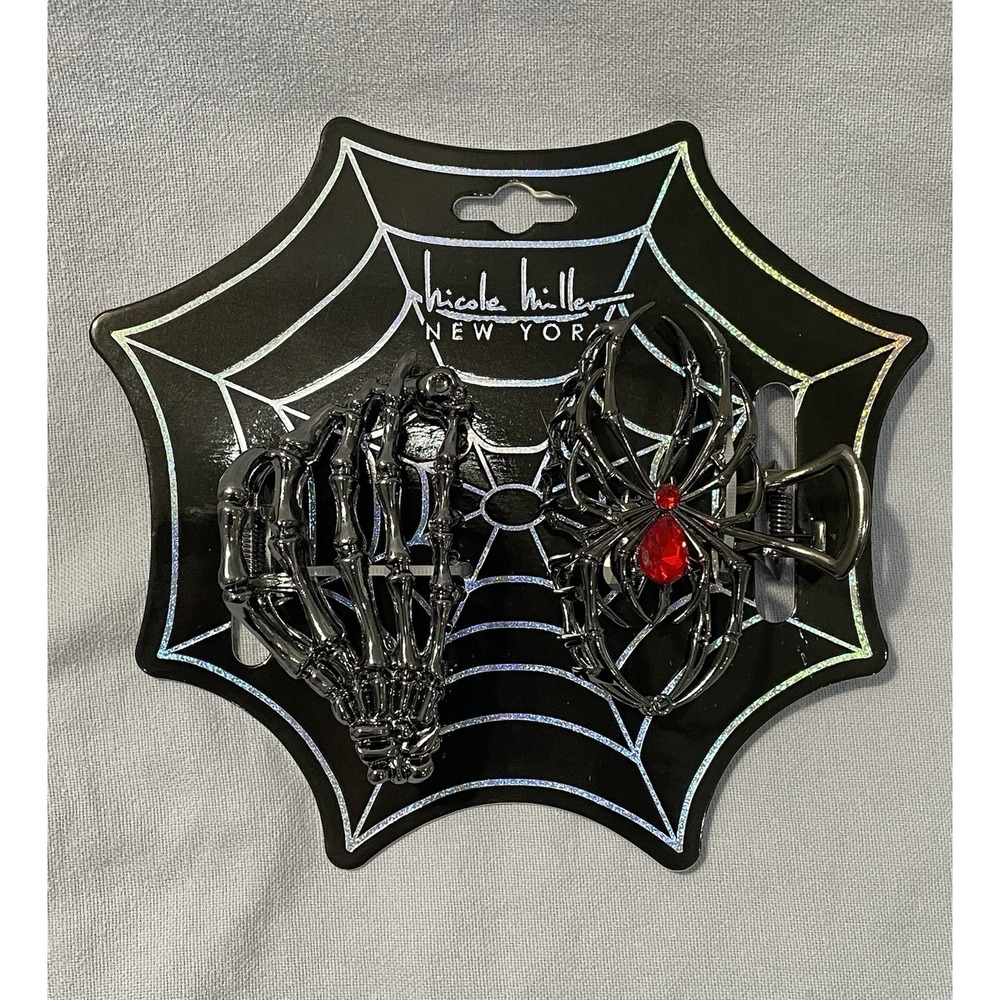 NEW Nicole Miller Hair Clips 2pc Gunmetal Claw Halloween Skull Hand‎ & Spider